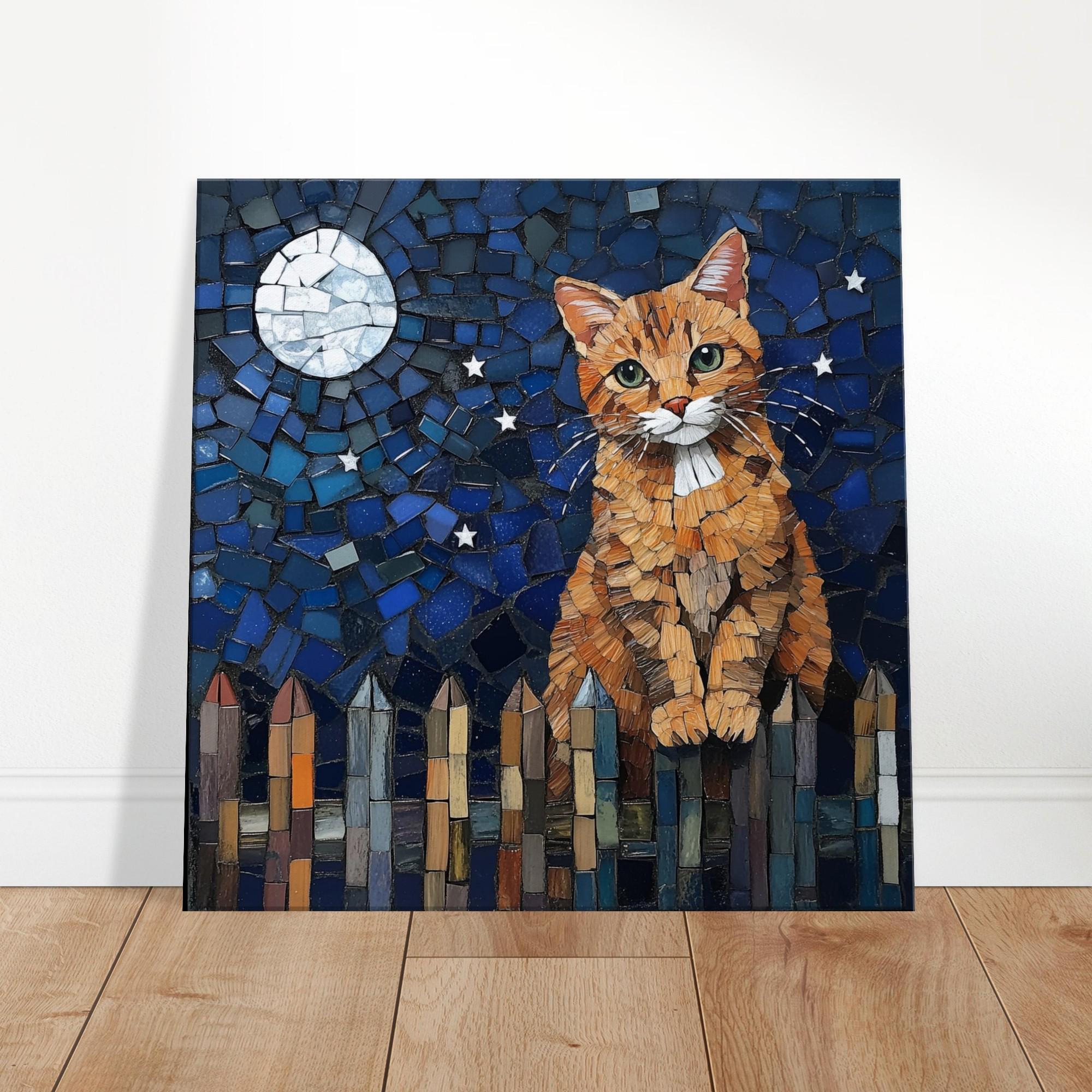 月明かりの徘徊、夜のフェンスに佇む猫のモザイクアートキャンバス
