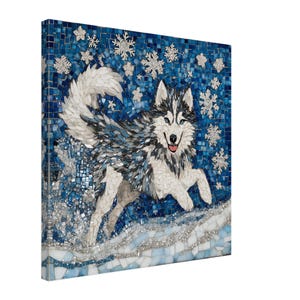 Winter Husky Frolic, Mosaic Artwork Canvas of a Dog in Snow, Mosaic Tile Art Print