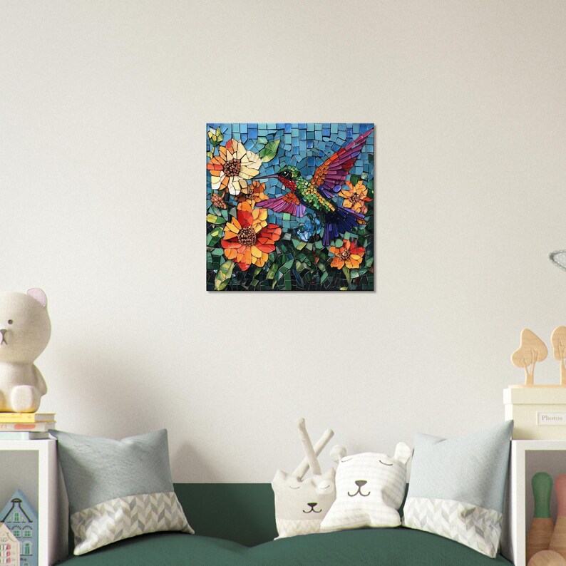 Jeweled Hummingbird Garden, Mosaic Artwork Canvas of a Bird With ...