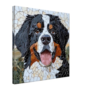 May include: A mosaic art piece depicting a Bernese Mountain Dog with black, white, and brown fur. The dog is smiling with its tongue sticking out. The mosaic is made of small, colorful tiles.