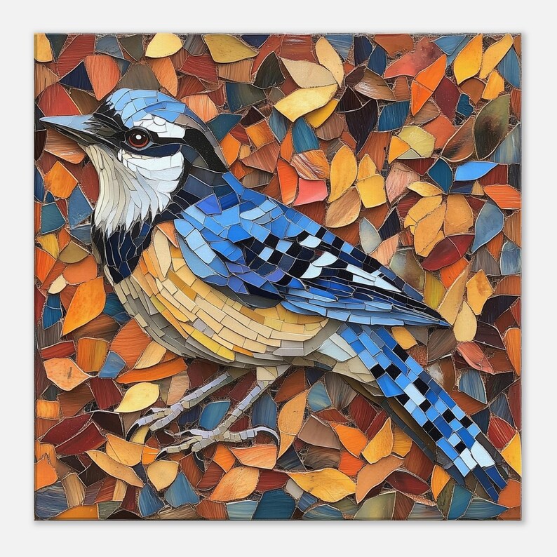 Arrendajo azul vibrante, lienzo con obra de arte en mosaico de un pájaro colorido, impresión artística en mosaico imagen 6