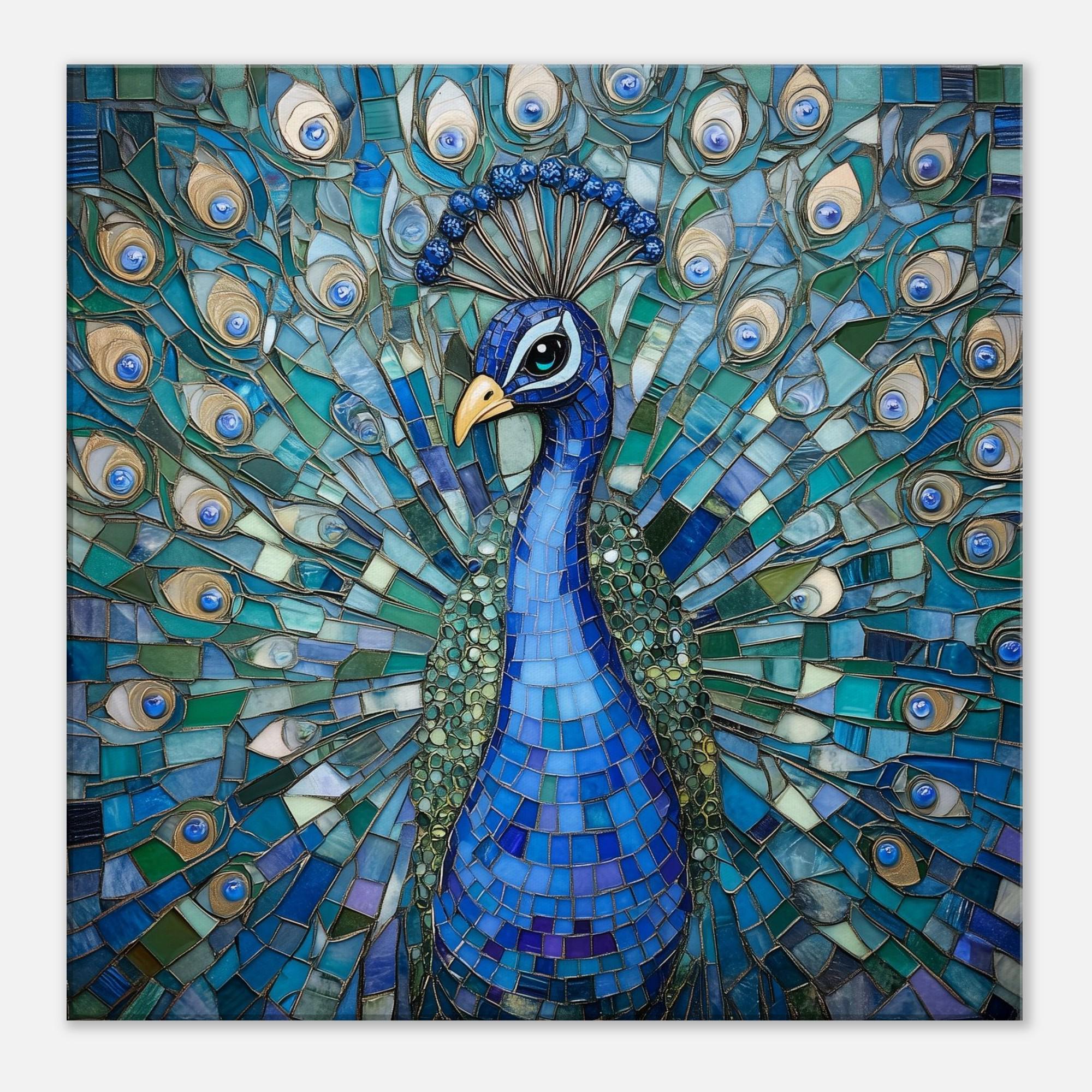 Majestic Peacock Display, Mosaic Artwork Canvas of a Blue Peacock