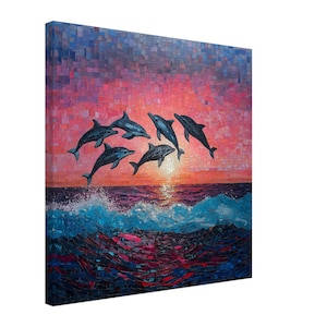 Sunset Dolphin Leap, Mosaic Artwork Canvas of Dolphins at Sunset, Mosaic Tile Art Print