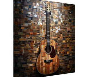Könnte beinhalten: Eine hölzerne Akustikgitarre mit brauner und beigefarbener Oberfläche, verziert mit einem Mosaik aus Holzstücken. Die Gitarre hängt an einer Wand aus kleinen, braunen quadratischen Fliesen. Musikalische Noten sind um die Gitarre herum verstreut.