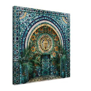 May include: A square canvas wall art print featuring a detailed mosaic tile pattern in shades of teal, blue, and gold. The design depicts an arched entryway with a central hanging lantern and two potted palm plants flanking the doorway.