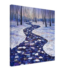 Winter Stream, Mosaic Artwork Canvas of a Snowy Forest Stream, Mosaic Tile Art Print