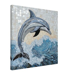 May include: A mosaic artwork depicting a dolphin leaping out of the water. The dolphin is gray and white, and the water is blue and white. The artwork is made of small, colorful tiles.