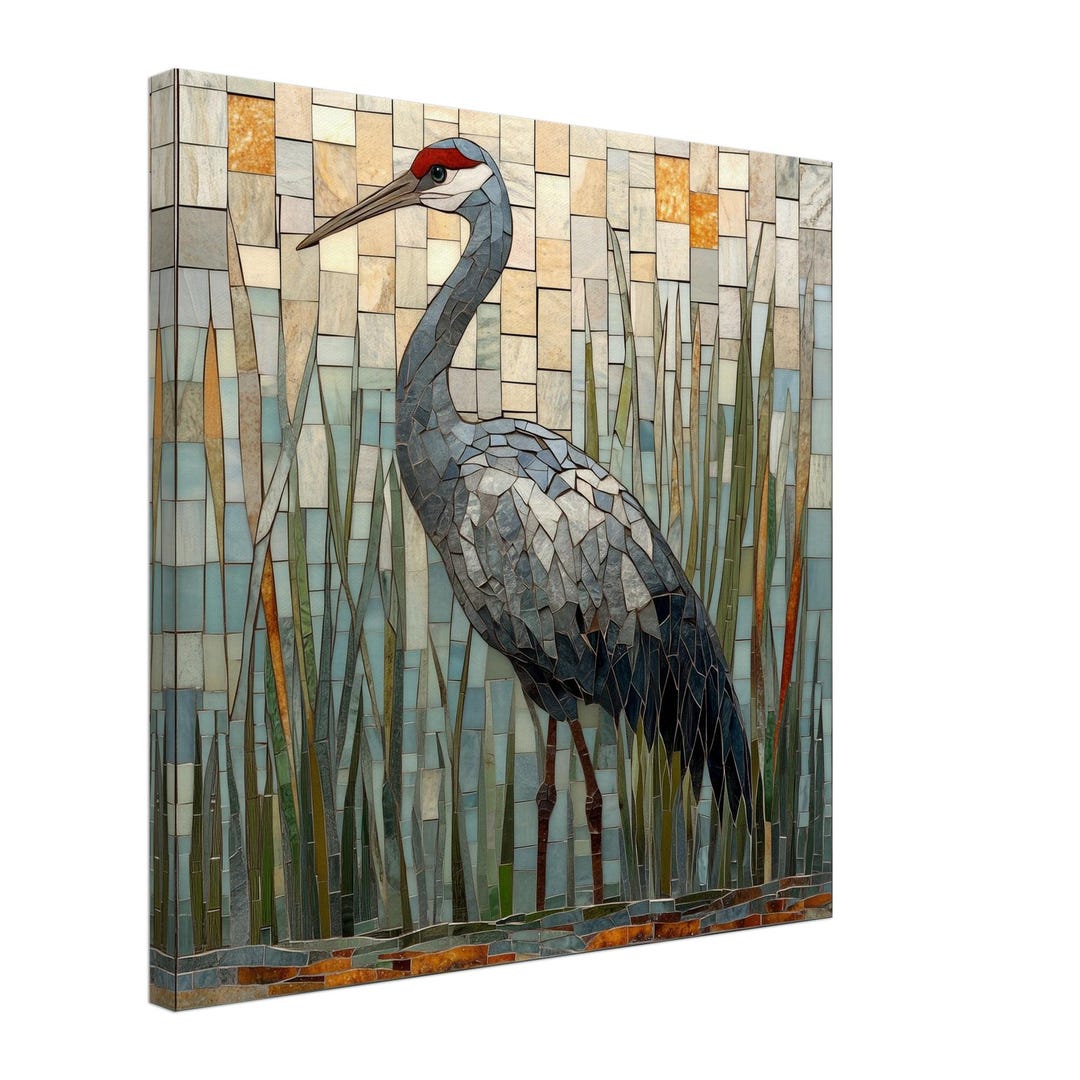 Graceful Marsh, Mosaic Artwork Canvas of a Crane in Reeds, Mosaic Tile ...