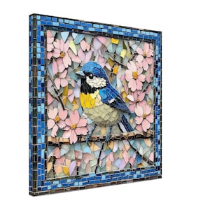 Frühlingslied, Mosaikkunstwerk Leinwand einer Drossel und Blüten, Mosaikfliesen-Kunstdruck