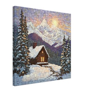 Winter Cabin Glow, Mosaic Artwork Canvas of a Snowy Cabin, Mosaic Tile Art Print