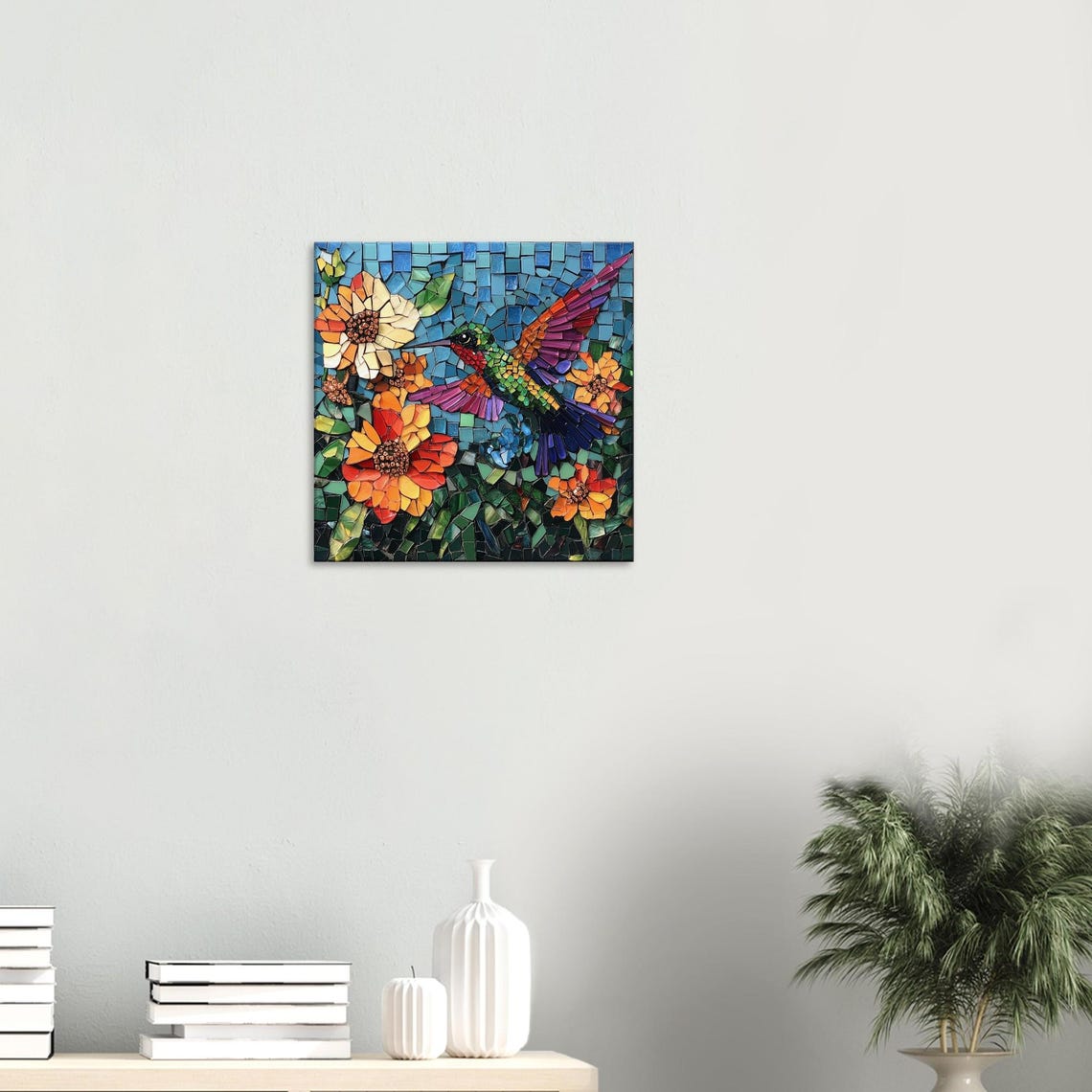Jeweled Hummingbird Garden, Mosaic Artwork Canvas of a Bird With ...