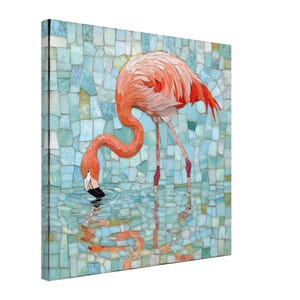 Flamingo Reflection, Mosaic Artwork Canvas of a Pink Bird, Mosaic Tile Art Print