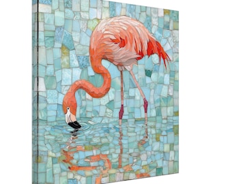 Reflejo de flamenco, lienzo de mosaico de un pájaro rosa, impresión artística de mosaico