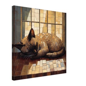 May include: A brown tabby cat is sleeping on a tiled surface in front of a window. The cat's fur is made of small, mosaic-like squares. The window is made of glass panes with a grid pattern. The light from the window is shining on the cat.