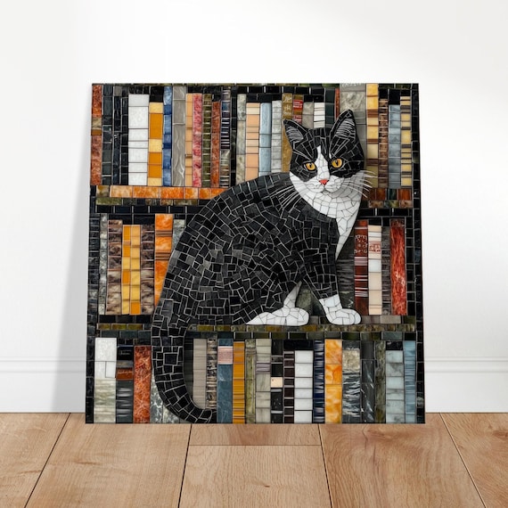 本棚の上の猫の白黒モザイクアートキャンバス、モザイクタイルアート