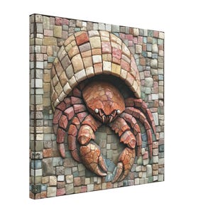 Textured Crab Haven, Mosaic Artwork Canvas of a Hermit Crab, Mosaic Tile Art Print