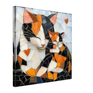 May include: A mosaic art piece depicting two cats, one larger than the other, in a mother and child pose. The cats are a calico and a tabby, with black, orange, and white colors. The background is a white mosaic with small hearts.