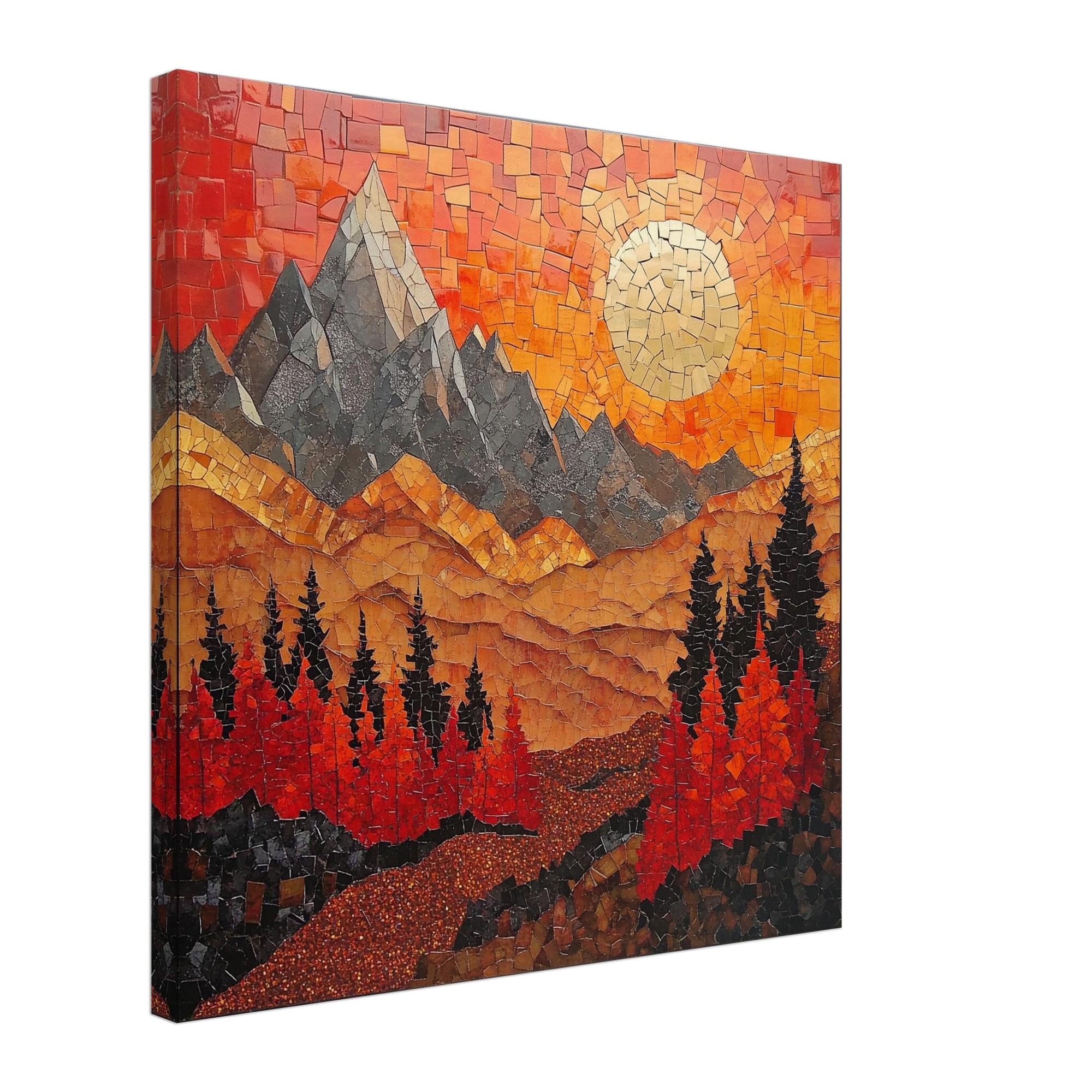 Fiery Mountain Sunset, Mosaic Artwork Canvas of a Majestic