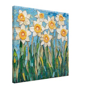 Spring Daffodils, Mosaic Artwork Canvas of Cheerful Flowers, Mosaic Tile Art Print