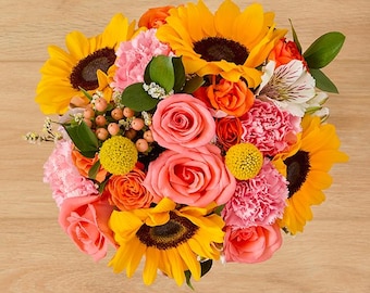 Fresh Sunflower Bouquet, Peach Roses, Eco-Conscious Farm Delivery