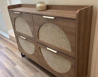 Rattan Shoe Cabinet | 4 Flip Drawers Narrow Storage Organizer Entryway Metal Legs Furniture Decor