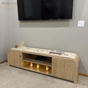 Modern Fluted TV Stand | Natural Oak Media Console Storage Cabinet
