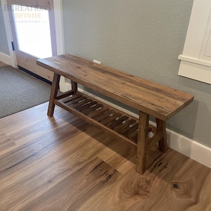Solid Wood Farmhouse Bench with Storage Shelf | Rustic Entryway Furniture