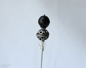 Silver, Black, Clear Czech Glass, Antique Silver Metal Bead, Bali Stye, Stick Pin, Hat Pin, Lapel Pin, Hijab Pin, H0349