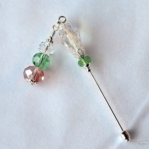 Salmon, Green, Clear Crystal Dangle Stick Pin, Hat Pin, Lapel Pin, Scarf Pin, H0346 image 3