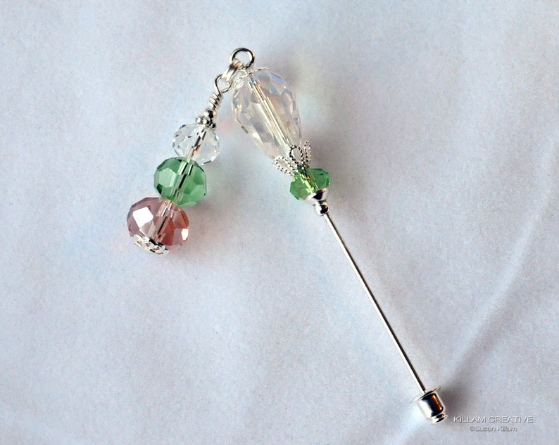 Salmon, Green, Clear Crystal Dangle Stick Pin, Hat Pin, Lapel Pin, Scarf Pin, H0346 image 3