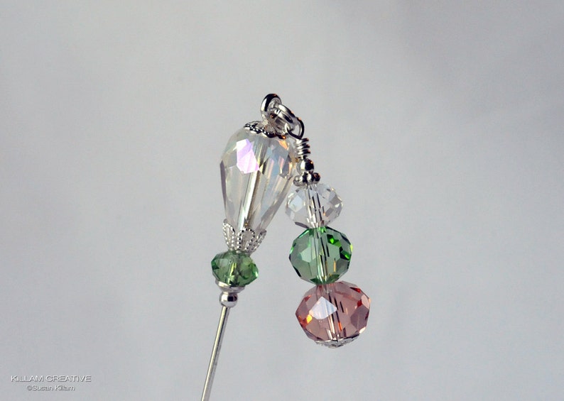 Salmon, Green, Clear Crystal Dangle Stick Pin, Hat Pin, Lapel Pin, Scarf Pin, H0346 image 1