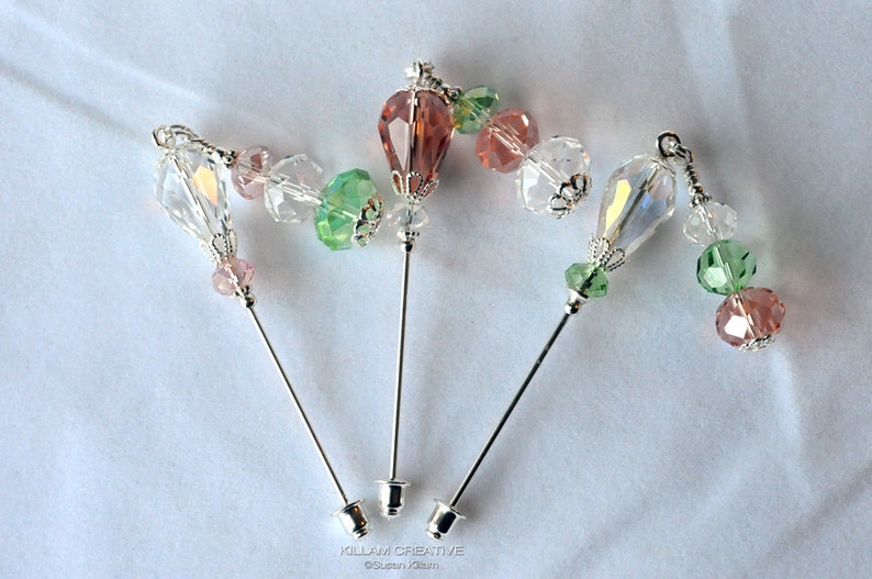 Salmon, Green, Clear Crystal Dangle Stick Pin, Hat Pin, Lapel Pin, Scarf Pin, H0346 image 2