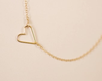 Gold Heart Necklace, Delicate Necklace, Off Center Heart, Sideways Heart, Dainty Gold Heart, Tiny Small Gold Bridesmaid Gift, Love