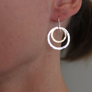 Two Circles Earrings, Mixed Metals, Gold and Silver, Hammered, Simple, Everyday, Two Tone, Sterling Silver, E04
