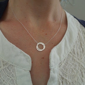 Silver Necklace, Dainty Silver Necklace, Delicate Silver Necklace, Two Circles, Hammered Circles, Intertwined Connected Circles Shiny, N114