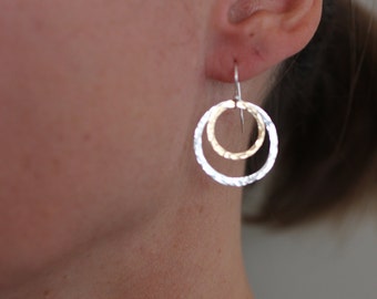 Two Circles Earrings, Mixed Metals, Gold and Silver, Hammered, Simple, Everyday, Two Tone, Sterling Silver, E04