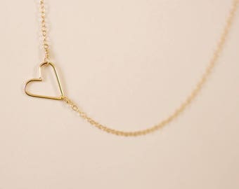 Gold Heart Necklace, Graduation Gift, Gift for Her, Sterling Silver, Sideways Heart, Delicate and Dainty, N171