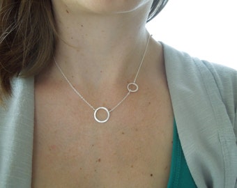 dainty necklace, sterling silver necklace, delicate necklace, silver circles, asymmetrical necklace, two circles, simple necklace, N109