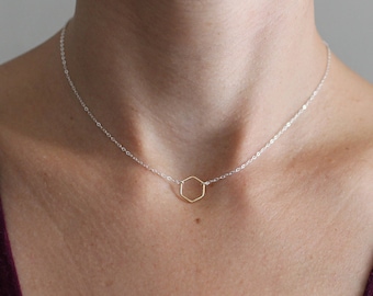 Choker, Necklace, Dainty Choker, Gold Choker, Dainty Gold, Tiny Hexagon, Tiny Gold Necklace, Sterling Silver, Short Necklace, Feminine, N196
