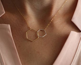 Gold Hexagon Necklace, Dainty Gold Necklace, Delicate Gold Necklace, Dainty Gold Necklace, Connected Linked Hexagons Big and Small, N198