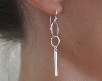 Statement Earrings, Silver Earrings, Sterling Silver, Long Earrings, Circle Earrings, Bar Earrings, Dangle Earrings Mom, Geometric, Simple