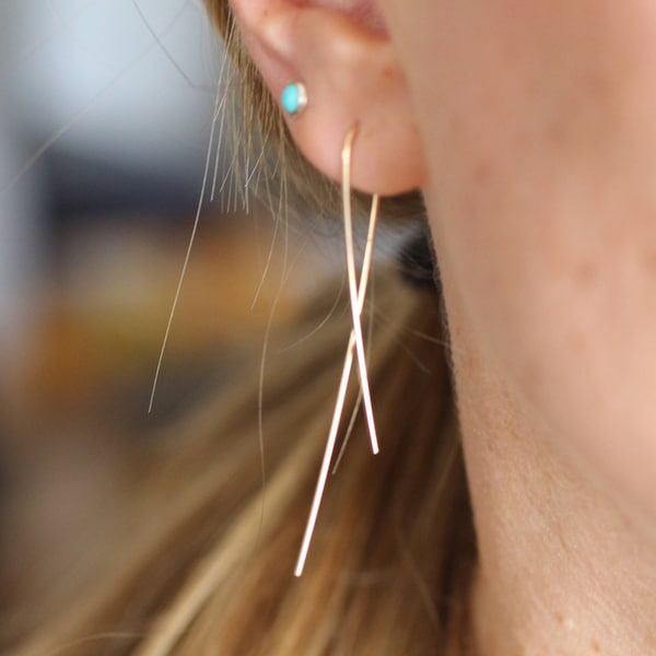Ear Threader Earrings, Ear Threaders, Minimalist Earrings,  Long Wire, Loop Hoops, Open Hoops, Modern Hoops, Gold, Sterling Silver, Rose
