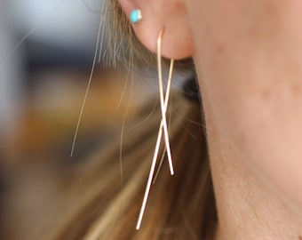 Ear Threader Earrings, Ear Threaders, Minimalist Earrings,  Long Wire, Loop Hoops, Open Hoops, Modern Hoops, Gold, Sterling Silver, Rose