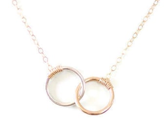 Delicate Necklace, Dainty Necklace, Mixed Metals, Two Circles, Gold, Yellow Gold, Sterling Silver, Small Circles, N100