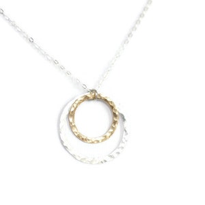 Simple Necklace, Mixed Metals Necklace, Hammered Circles, Mothers Necklace, Gold and Silver, Two Tone, Nesting Circles, Feminine, N118