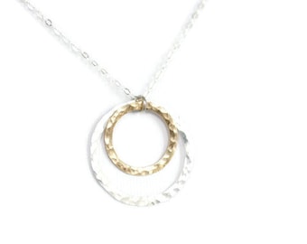 Simple Necklace, Mixed Metals Necklace, Hammered Circles, Mothers Necklace, Gold and Silver, Two Tone, Nesting Circles, Feminine, N118
