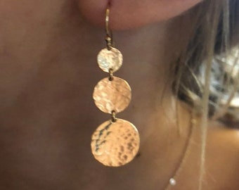 Three Circle Earrings, Gold Earrings, Dainty Earrings, Simple Earrings, Sterling Silver Earrings, Hammered Discs, Textured Pounded,  E211