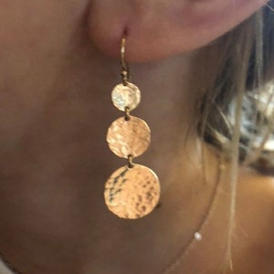 Three Circle Earrings, Gold Earrings, Dainty Earrings, Simple Earrings, Sterling Silver Earrings, Hammered Discs, Textured Pounded,  E211