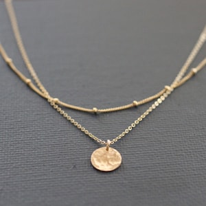 Delicate Necklace, Dainty Gold Necklace, Layered Necklace, Dainty Necklace, Sterling Silver, Hammered Disc, Pounded Metal, Satellite, N79