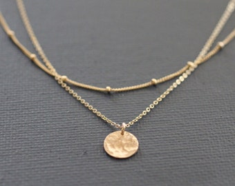 Delicate Necklace, Dainty Gold Necklace, Layered Necklace, Dainty Necklace, Sterling Silver, Hammered Disc, Pounded Metal, Satellite, N79